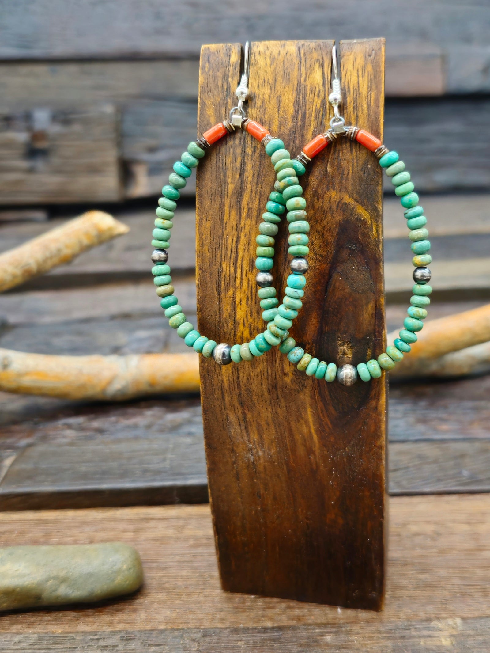 Green Turquoise and Sterling Silver Bead Earrings by Irene Lovato