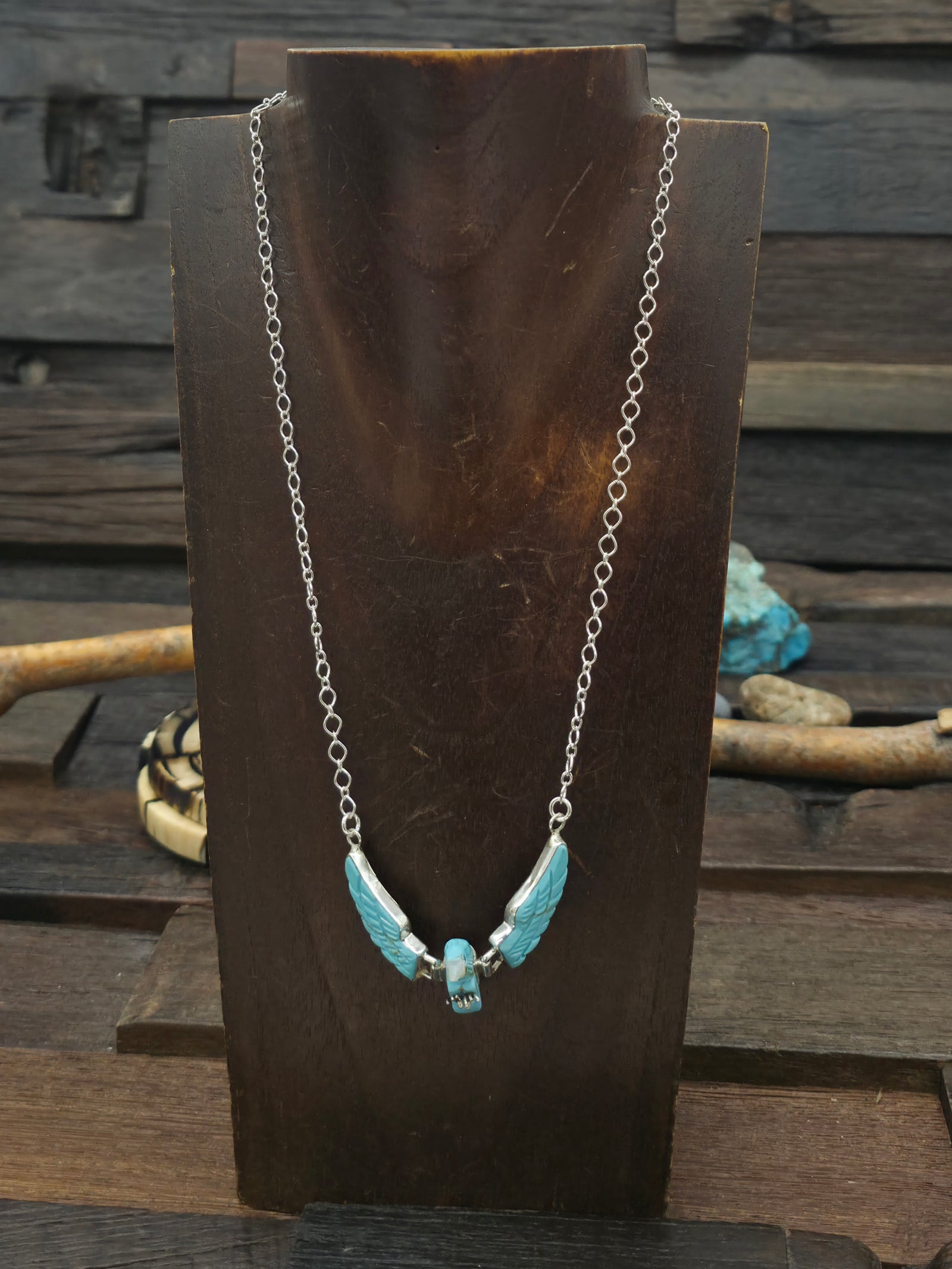 Sterling Silver, Carved Turquoise and Mother of Pearl Eagle Necklace by Ben Livingston - 21 in.