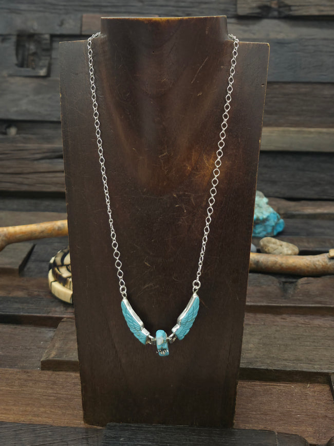 Sterling Silver, Carved Turquoise and Mother of Pearl Eagle Necklace by Ben Livingston - 21 in.