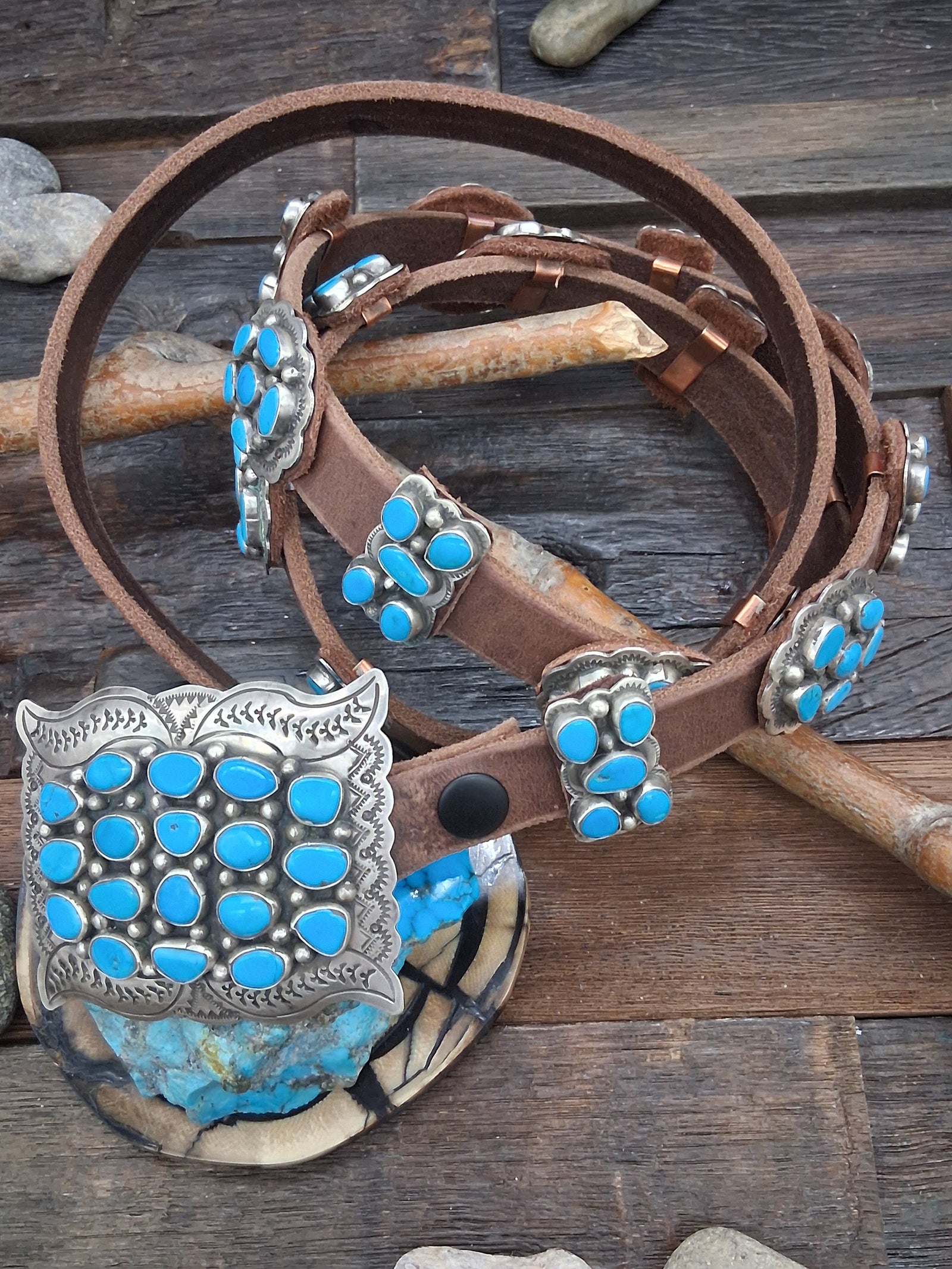 Turquoise Sterling Silver Concho Belt w/Brown Leather by Marilyn Ramone - 50 in.