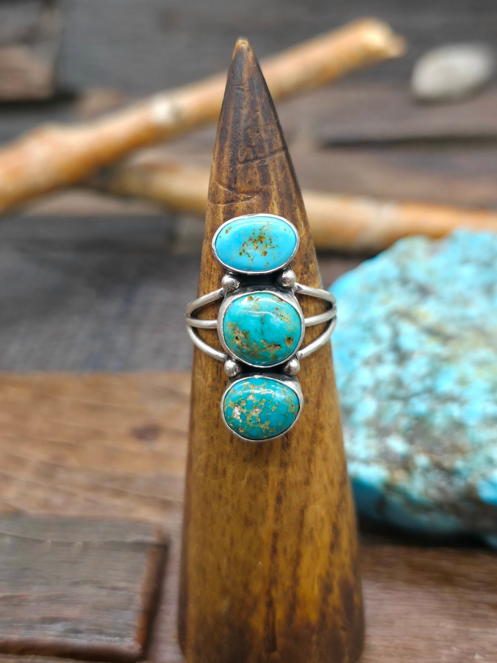 Three Stone Sterling Silver Turquoise Ring by Verley Betone - Size 10