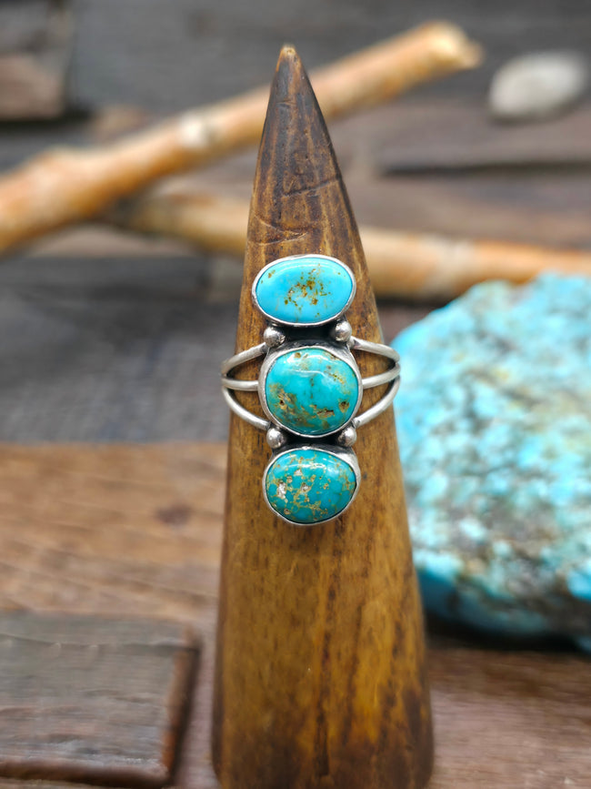 Three Stone Sterling Silver Turquoise Ring by Verley Betone - Size 10