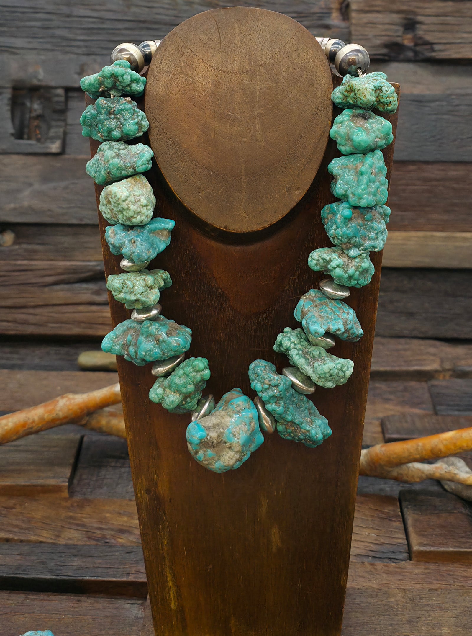 Fox Turquoise Oxidized Sterling Silver Bead Necklace by Fred Archuleta - 18 in.