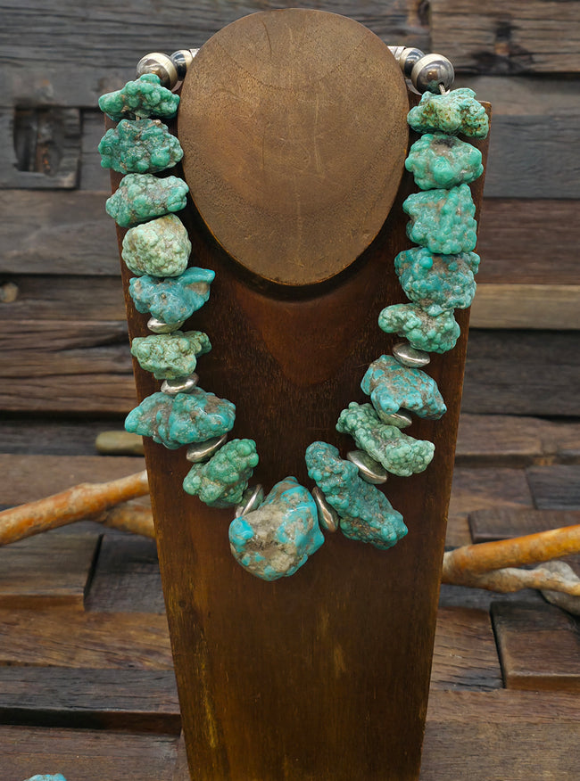 Fox Turquoise Oxidized Sterling Silver Bead Necklace by Fred Archuleta - 18 in.