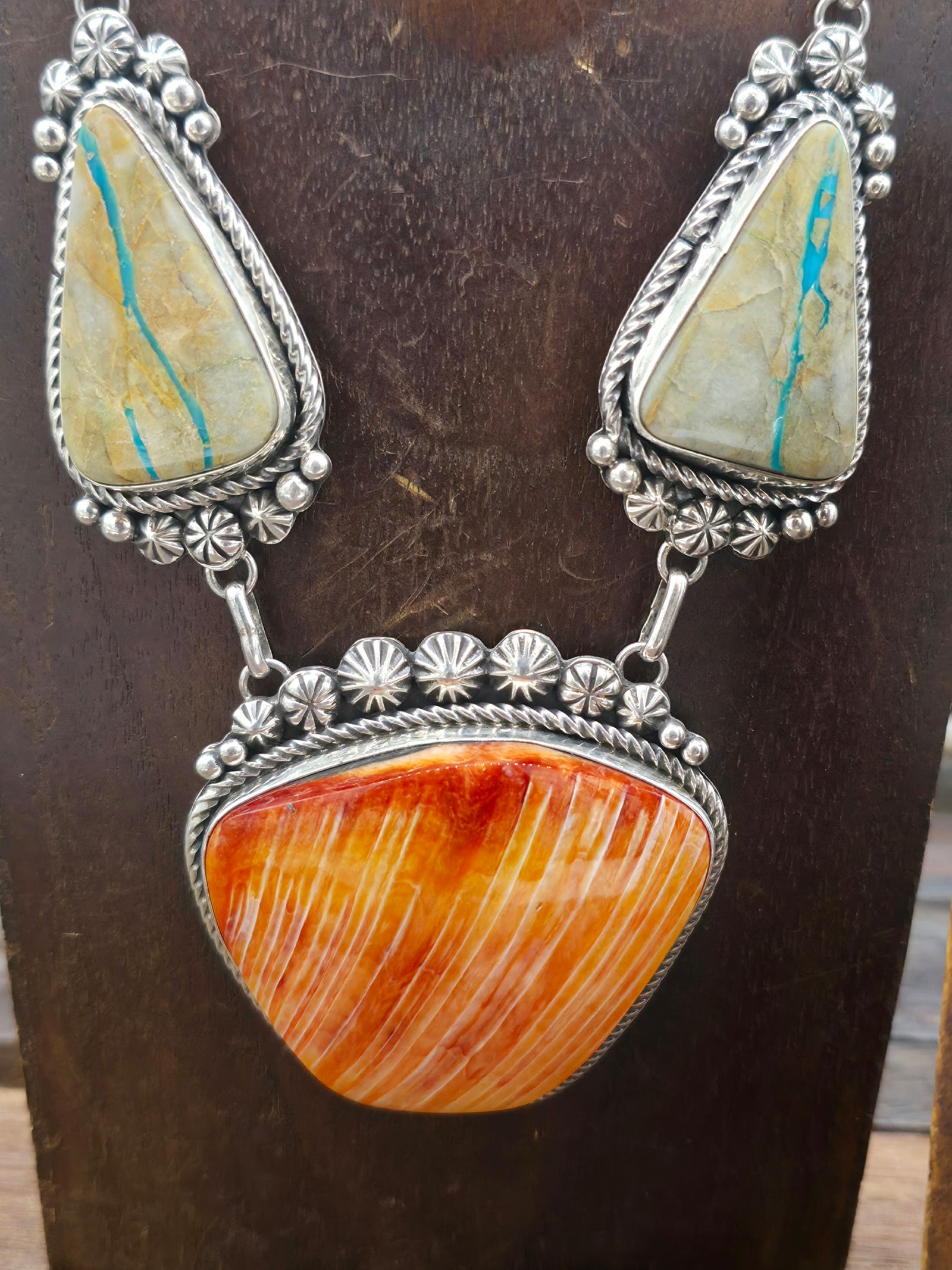Sterling Silver Boulder Blue Gem Turquoise and Spiny Oyster Necklace and Earring set by Rosella Paxton - 20 in.