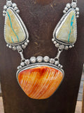 Sterling Silver Boulder Blue Gem Turquoise and Spiny Oyster Necklace and Earring set by Rosella Paxton - 20 in.