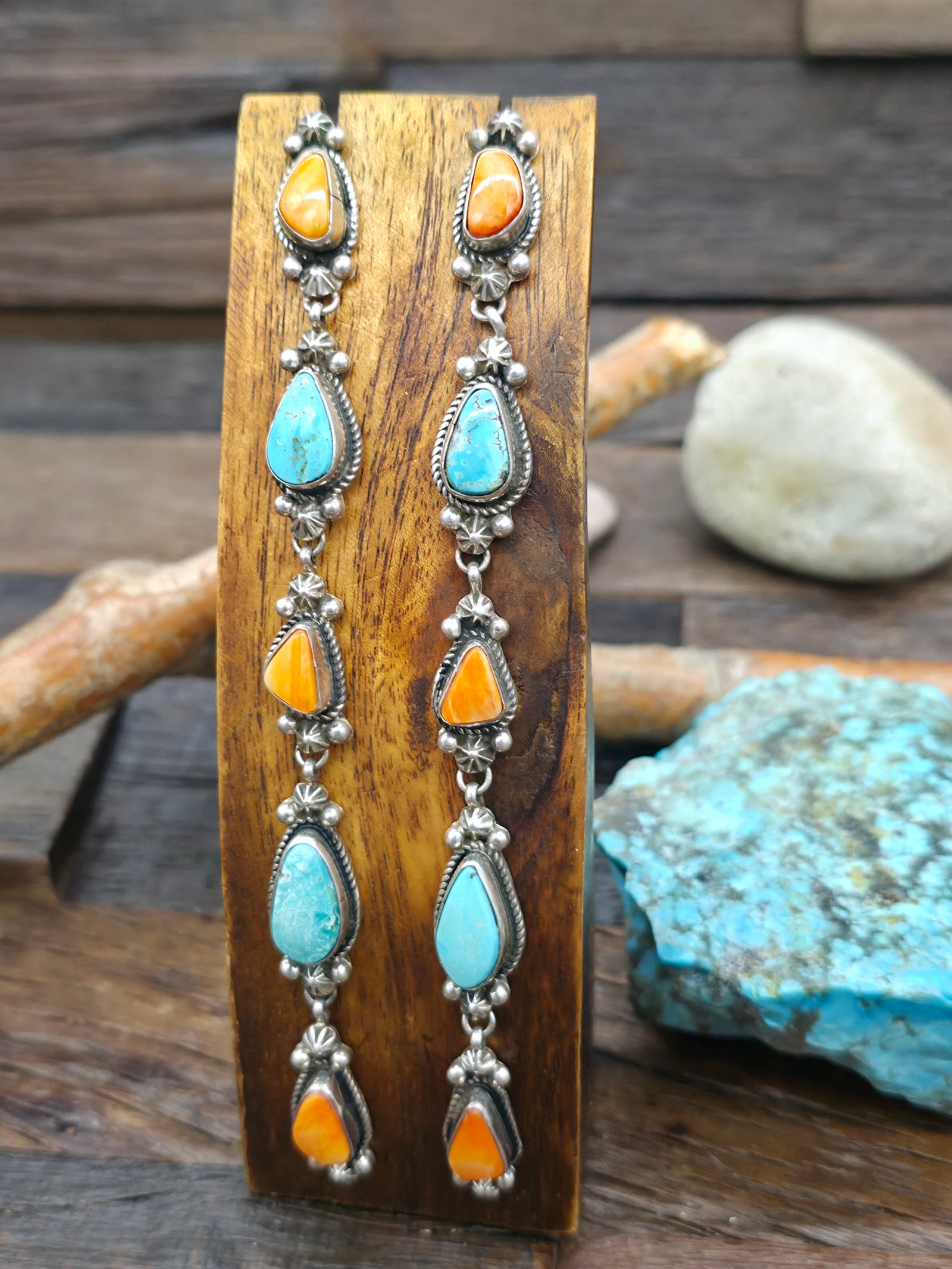 Orange Spiny and Turquoise Post Dangle Earrings by Rosella Paxson - 5 in. by 1/2 in.