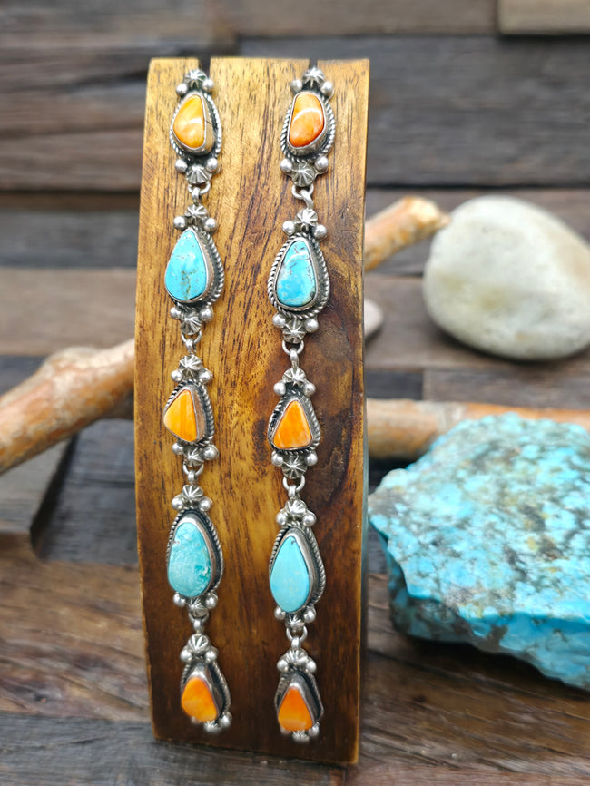 Orange Spiny and Turquoise Post Dangle Earrings by Rosella Paxson - 5 in. by 1/2 in.