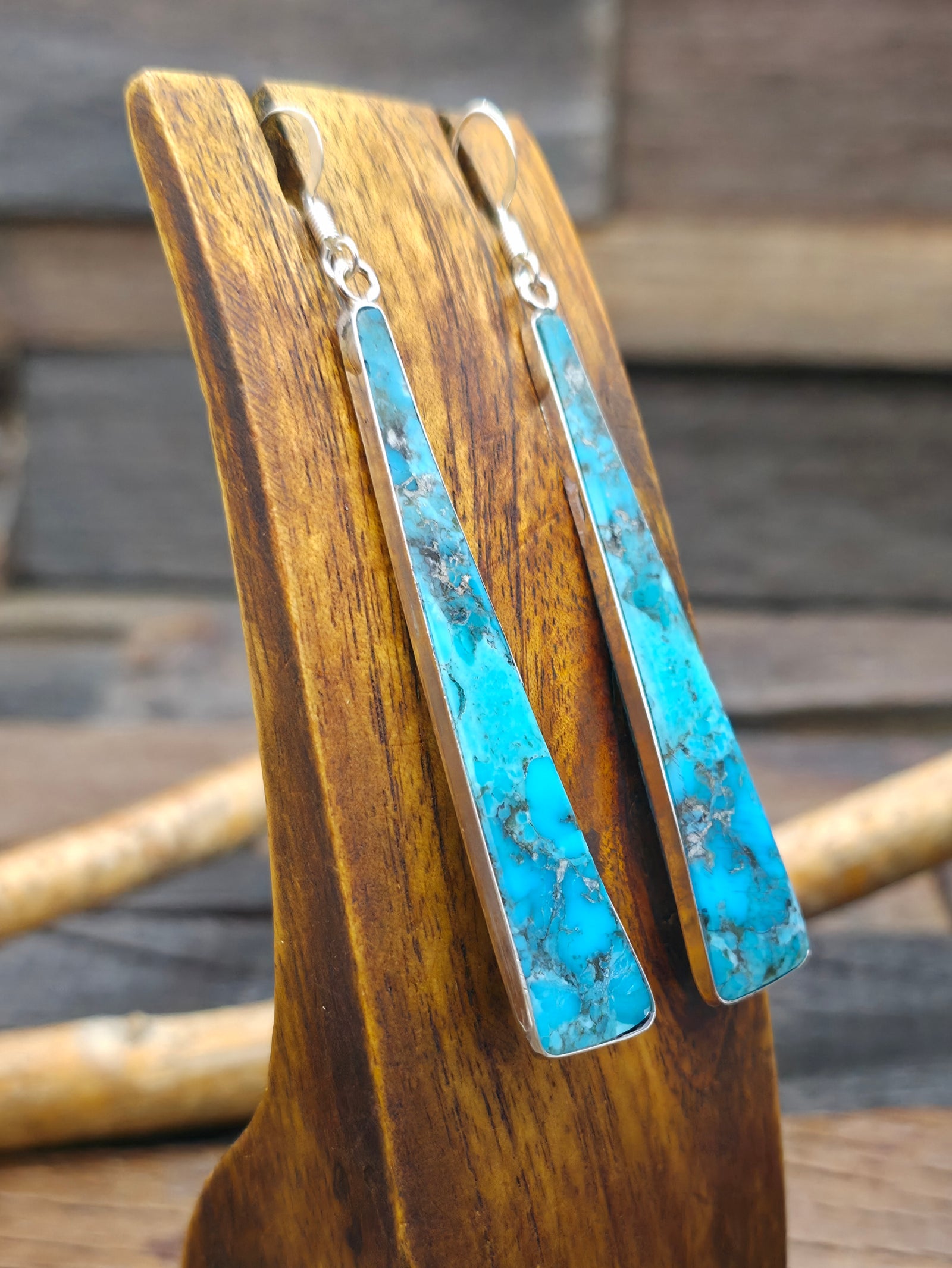 Long Blue Turquoise Slab Earrings with Sterling Silver by Veronica Tortalita