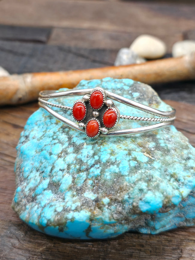 Four Stone Sterling Silver Coral Bracelet by Robert Yazzie - 6 in. with Gap
