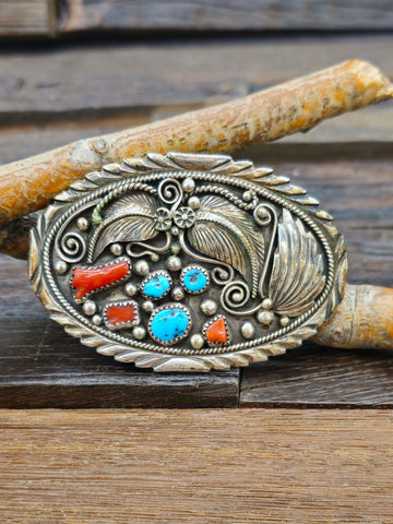 Stamped Sterling Silver and Turquoise Belt Buckle by Jolene Begay - 3" by 2"