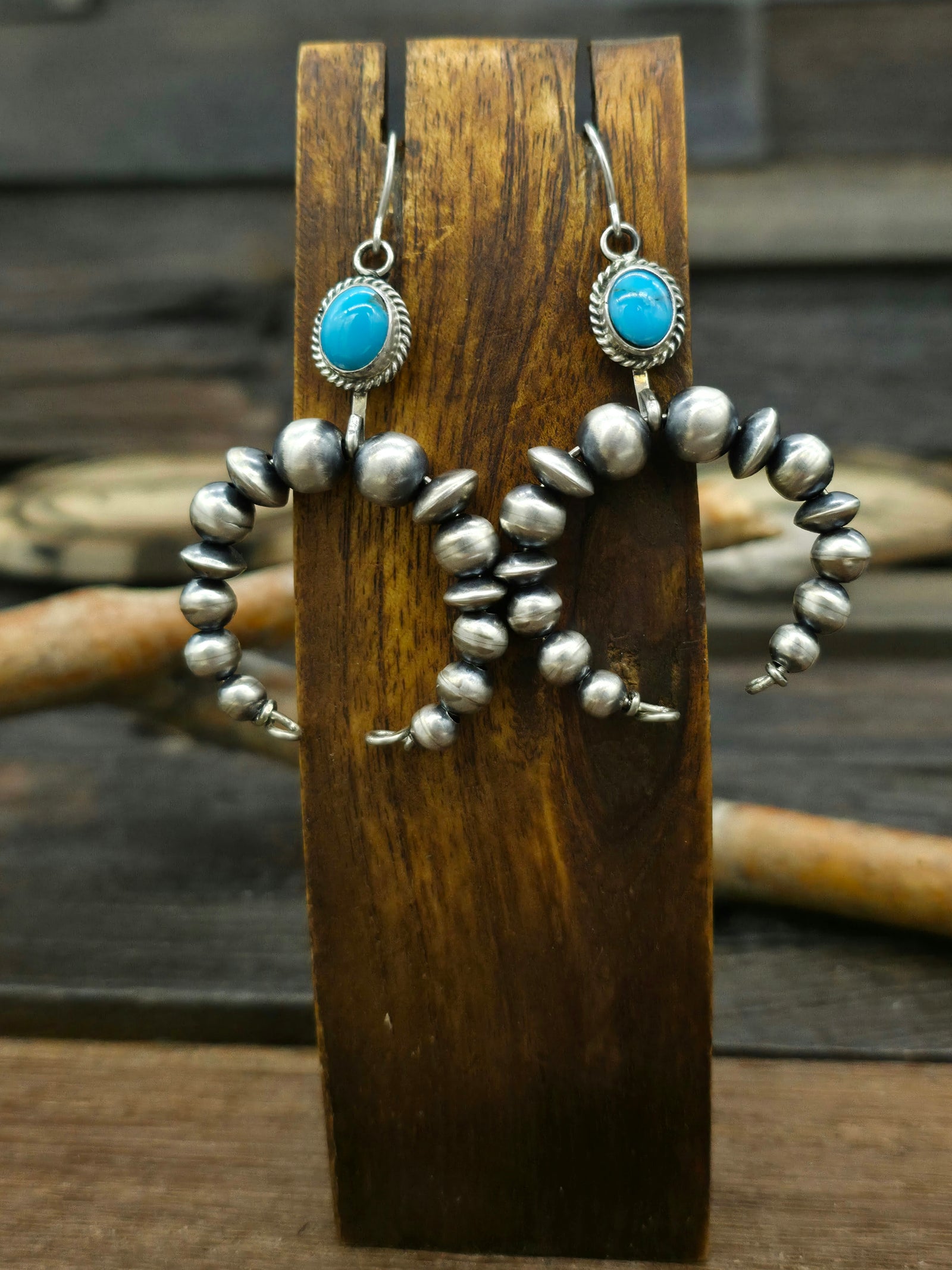 Blue Turquoise and Sterling Silver Bead Naja Earrings by Rena Begay