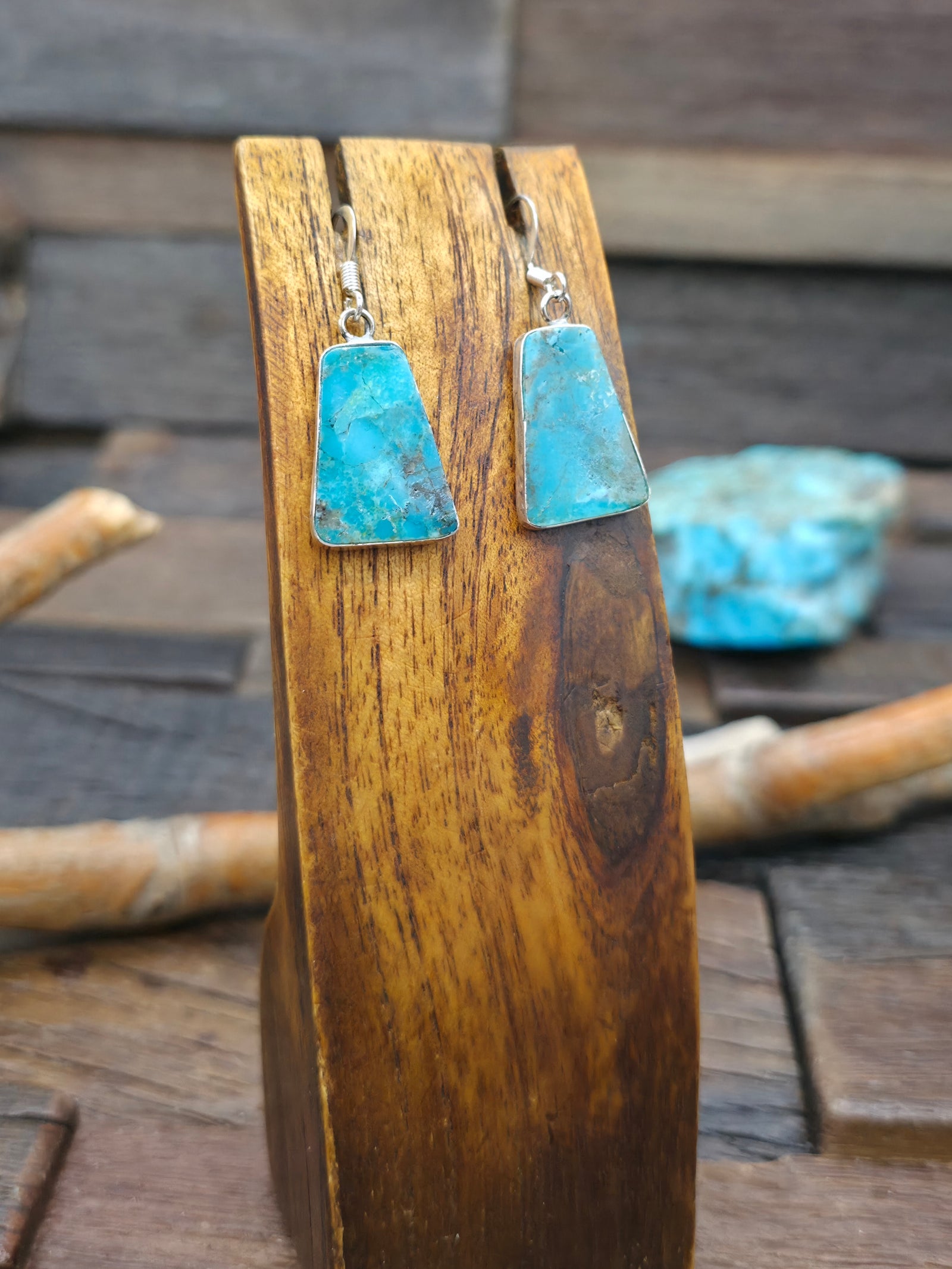 Sterling Silver Blue Turquoise Mini Slab Earrings by Veronica Tortalita - 1 3/4 in by 5/8 in.