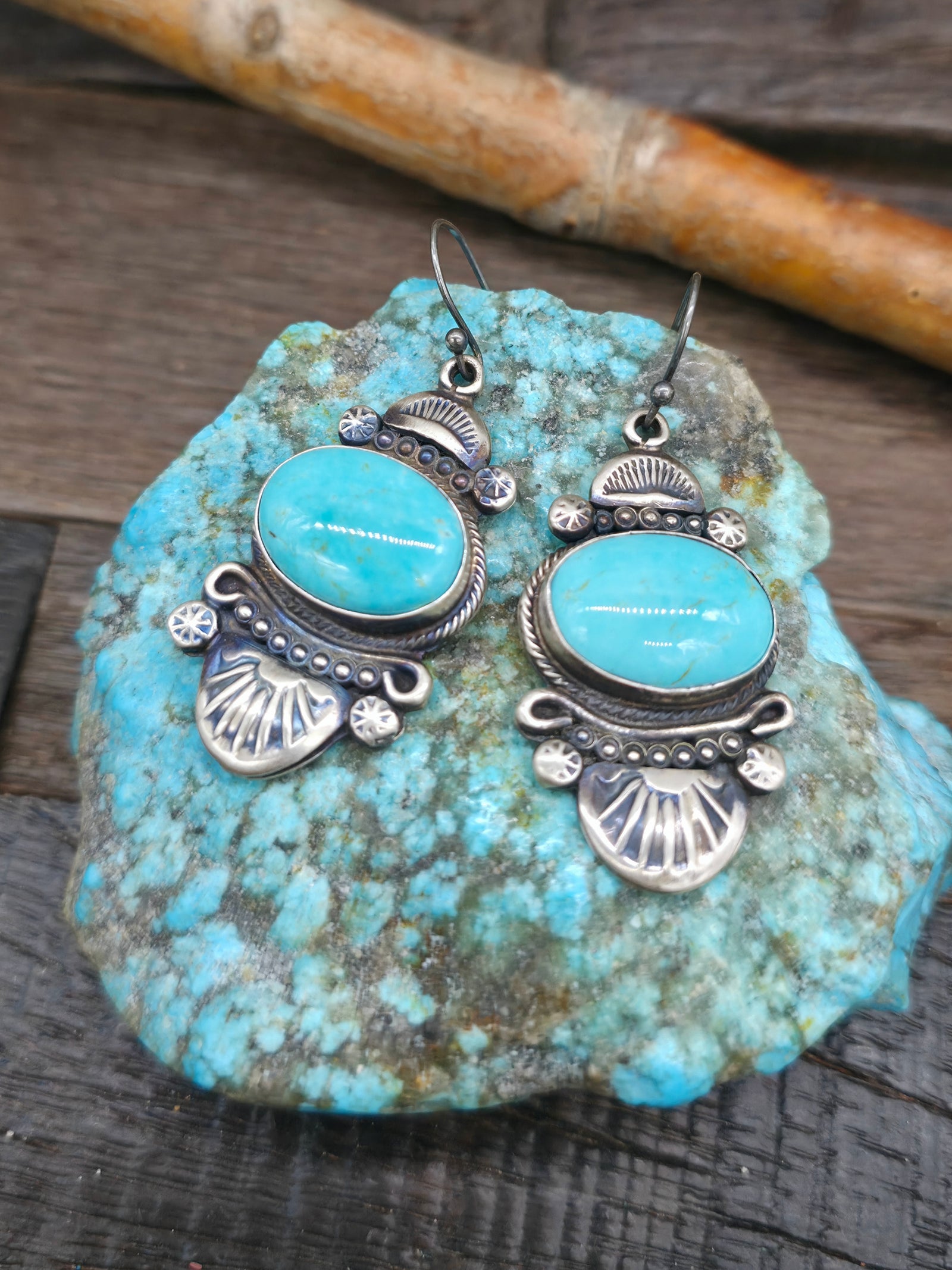 Stamped Sterling Silver Turquoise Earrings by Gilbert Tom - 2 1/4 in. by 3/4 in.