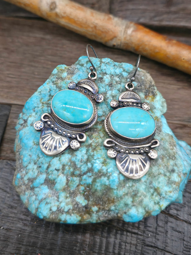 Stamped Sterling Silver Turquoise Earrings by Gilbert Tom - 2 1/4 in. by 3/4 in.