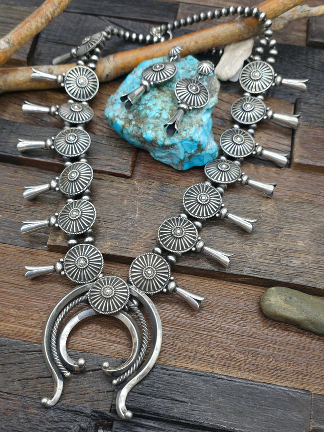 Stamped Sterling Silver Squash Blossom Necklace and Earring Set by Derrick Gordon - 26 in.