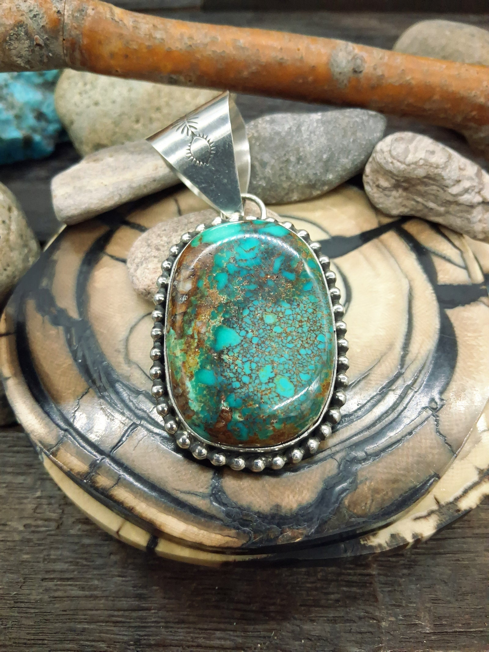 Sterling Silver Rectangular Turquoise Raindrop Border Pendant by Leonard Platero 3"