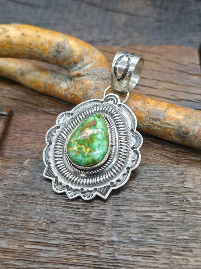 Stamped Sterling Silver Sonoran Turquoise Pendant by Freddie Maloney - 2 3/4" by 1 1/2"