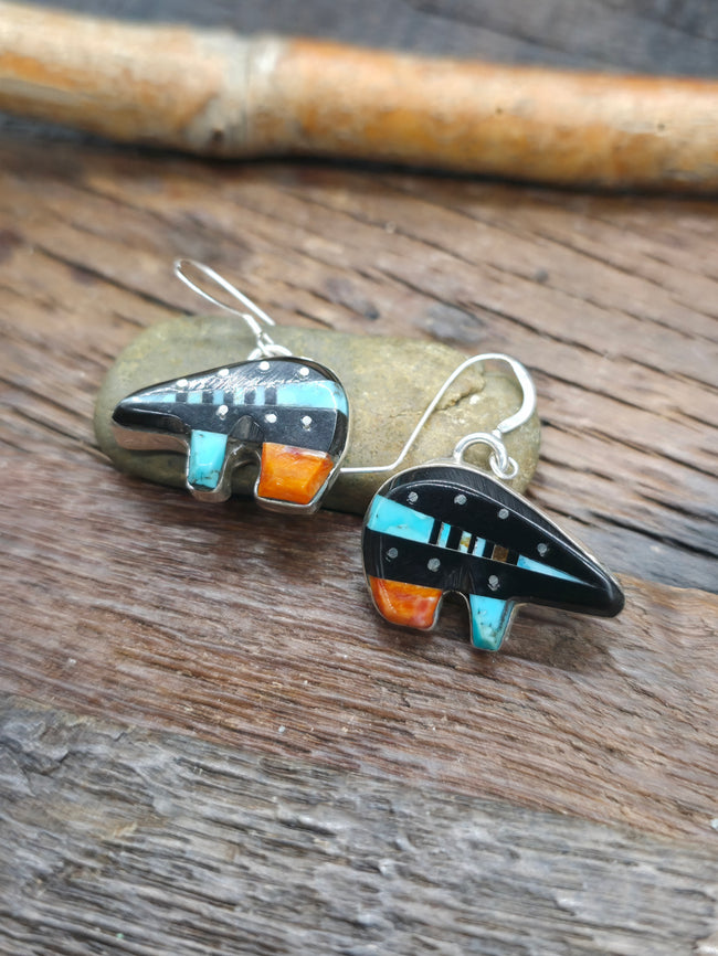 Sterling Silver, Jet, Turquoise, and Spiny Inlay Bear Earrings by Ray Jack