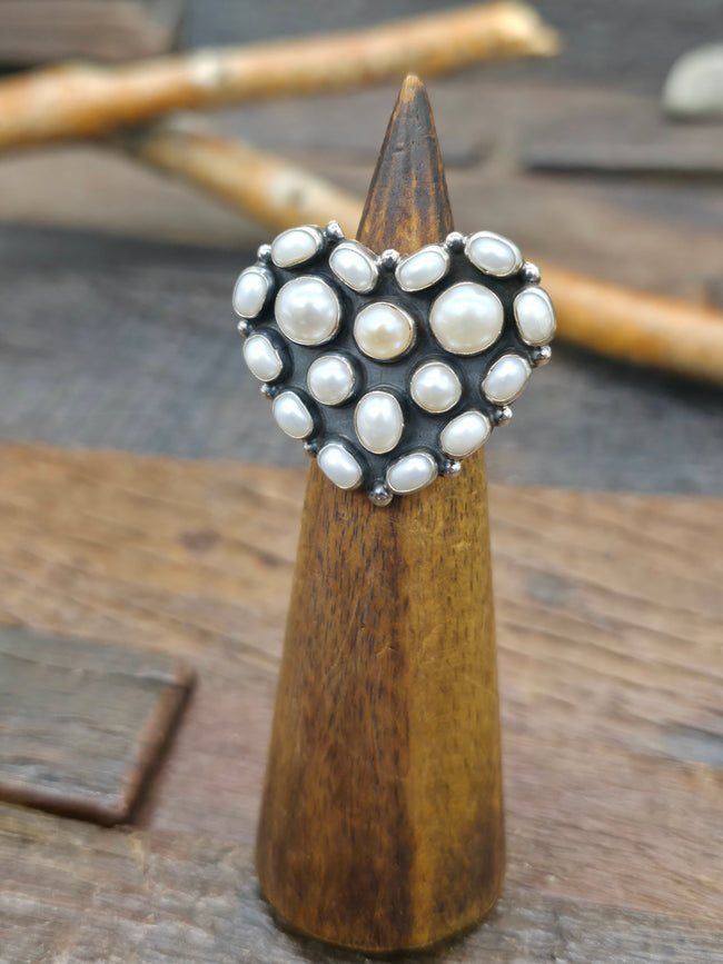 Sterling Silver Pearl Heart Ring by Martin Perry - Size 7 1/2