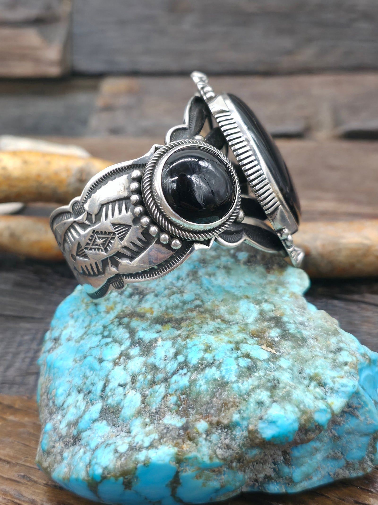 Stamped Sterling Silver Onyx Cuff Bracelet by Aaron Toadlena - 6 1/2 in. with Gap