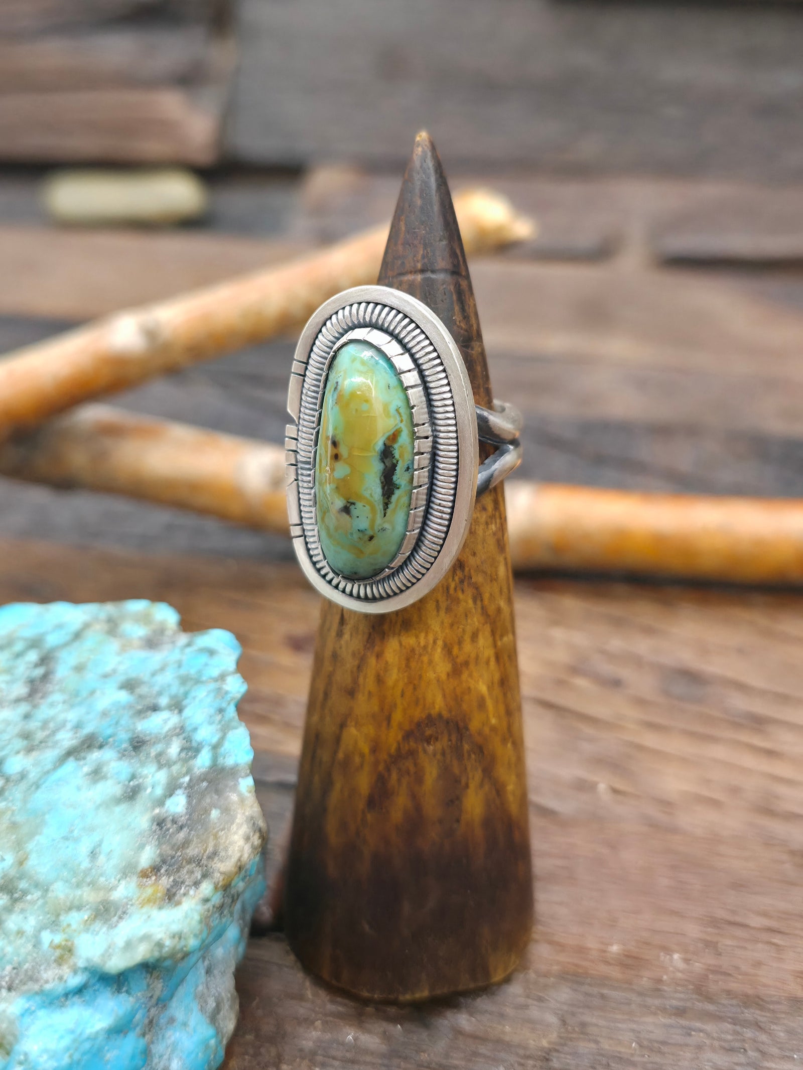 Sterling Silver Green Turquoise Statement Ring by Walter Vandever - Adjustable