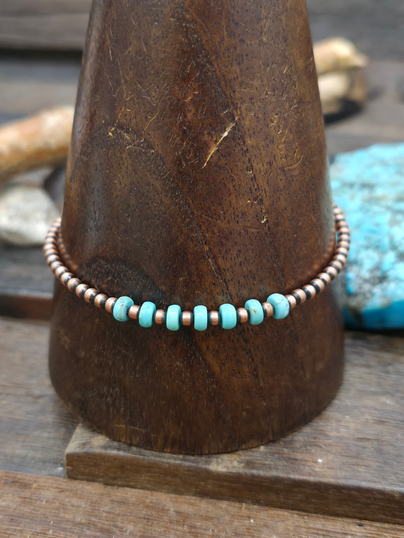 Copper and Turquoise Beaded Bracelet - 7 in. w 1 in. Extender