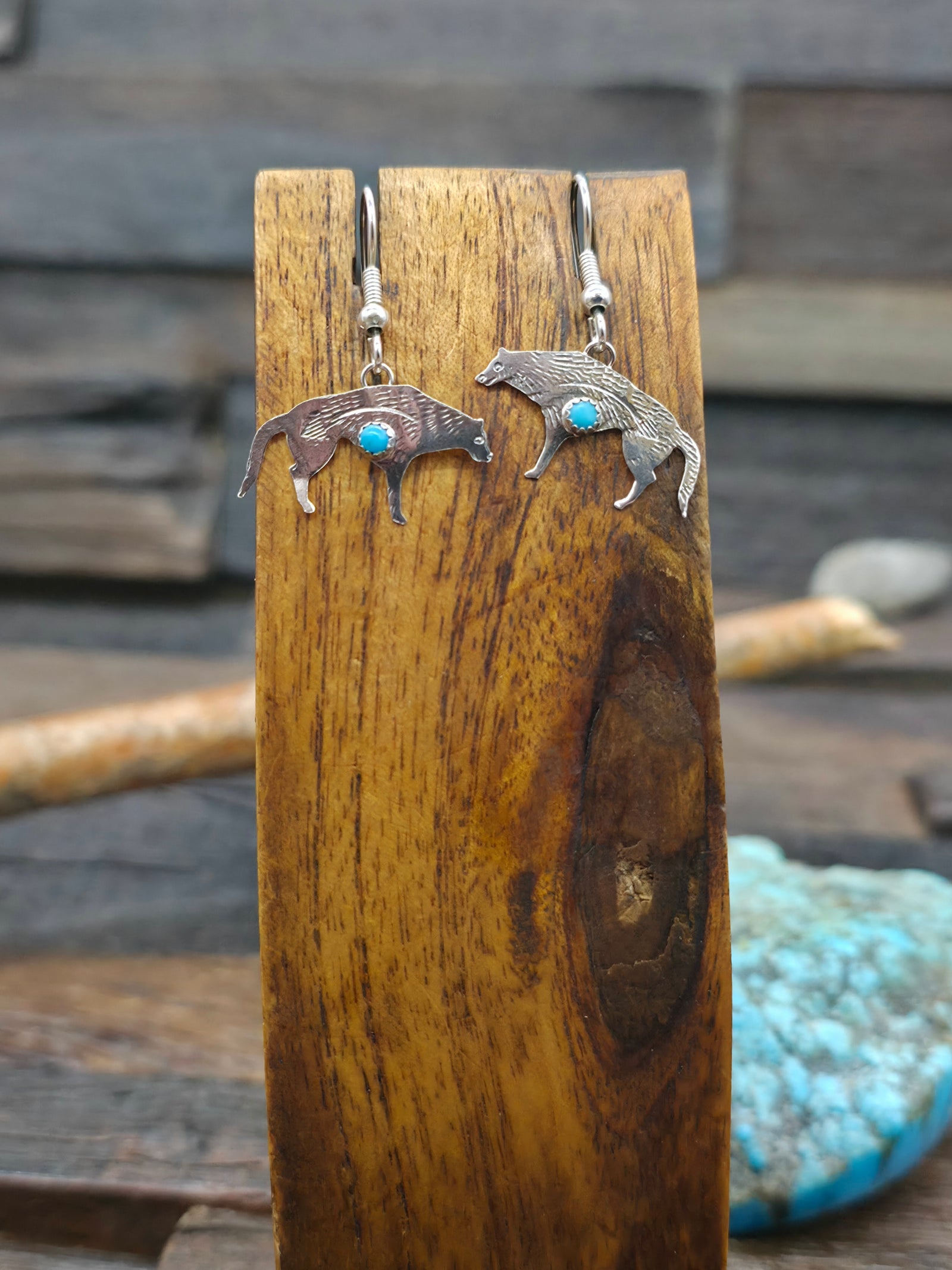 Mini Sterling Silver Turquoise Coyote Earrings by Lucille Platero - 1 1/4 in. by 1 in.