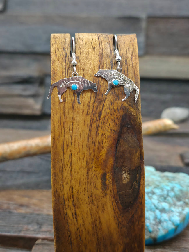 Mini Sterling Silver Turquoise Coyote Earrings by Lucille Platero - 1 1/4 in. by 1 in.