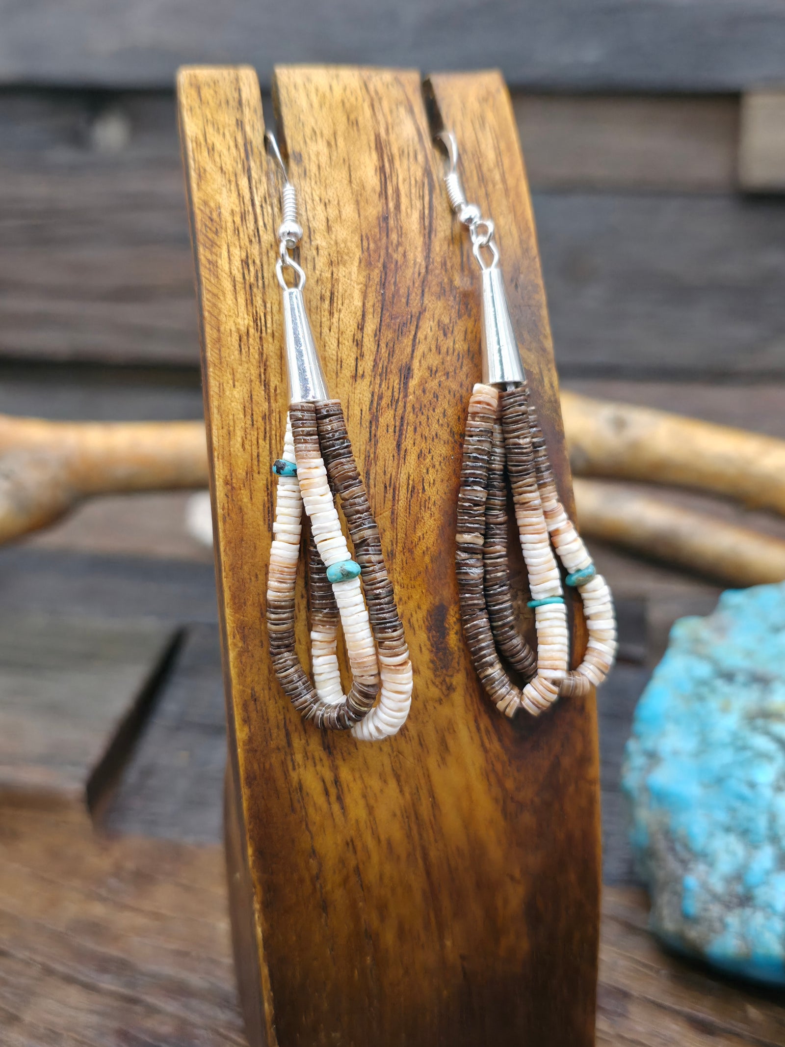 Ombre Heishi and Turquoise Nugget Bead Earrings by Ramona Bird - 3 in. by 3/4 in.