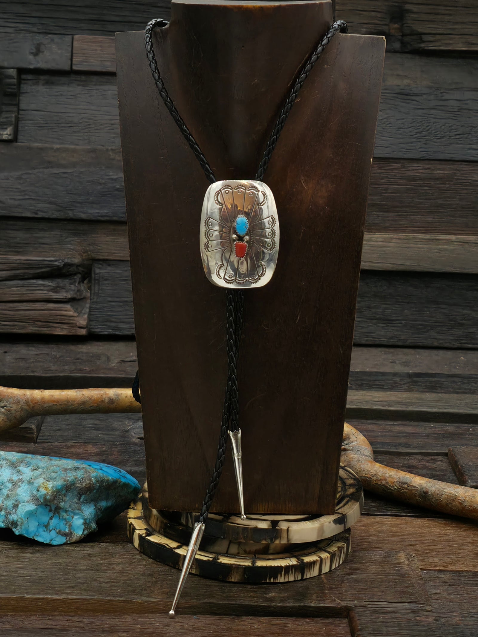 Stamped Sterling Silver Bolo with Coral and Turquoise by Joanne Silver