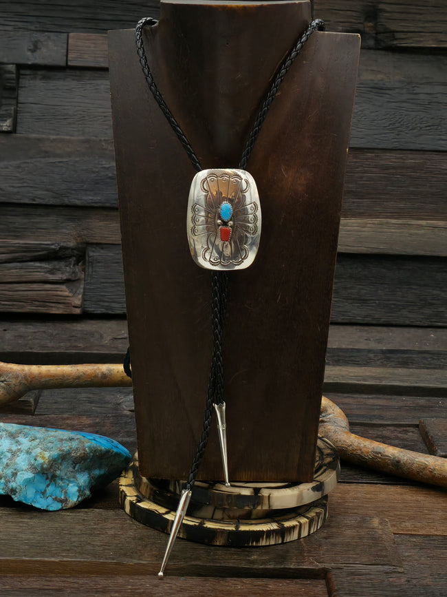 Stamped Sterling Silver Bolo with Coral and Turquoise by Joanne Silver