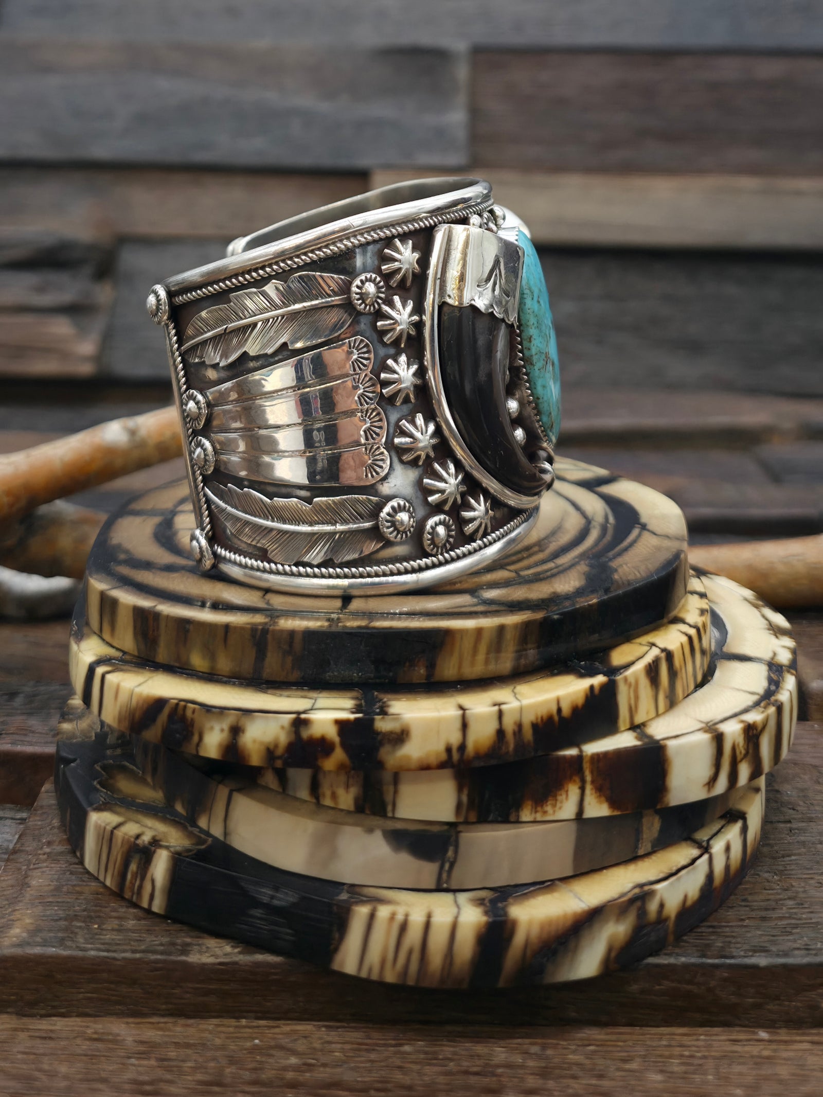 Sterling Silver Leaf Applique Cuff with Bear Claws and Turquoise by Ernest Hawthorne - 7 1/2 in. with Gap