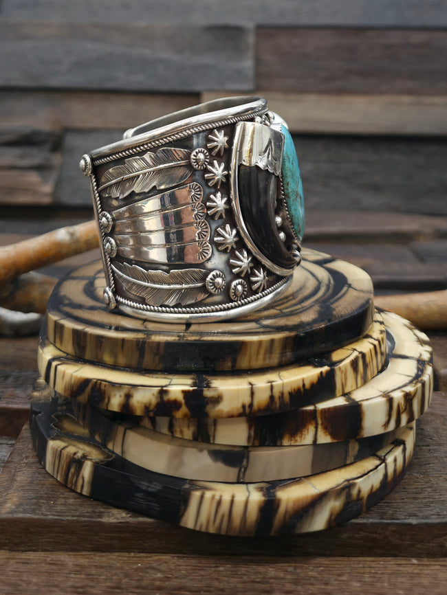 Sterling Silver Leaf Applique Cuff with Bear Claws and Turquoise by Ernest Hawthorne - 7 1/2 in. with Gap