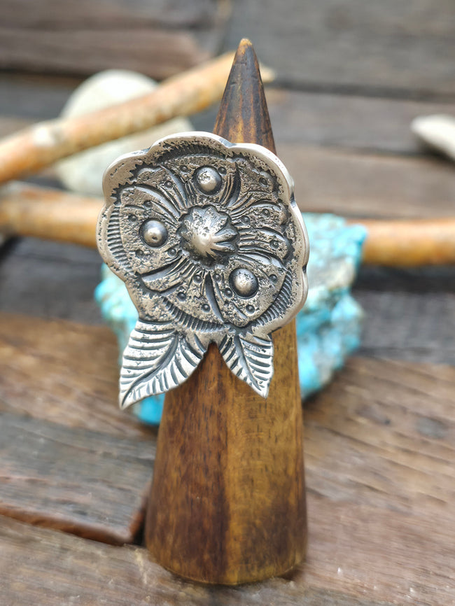 Stamped Sterling Silver Flower Ring by Dominic Dixon - Size 9