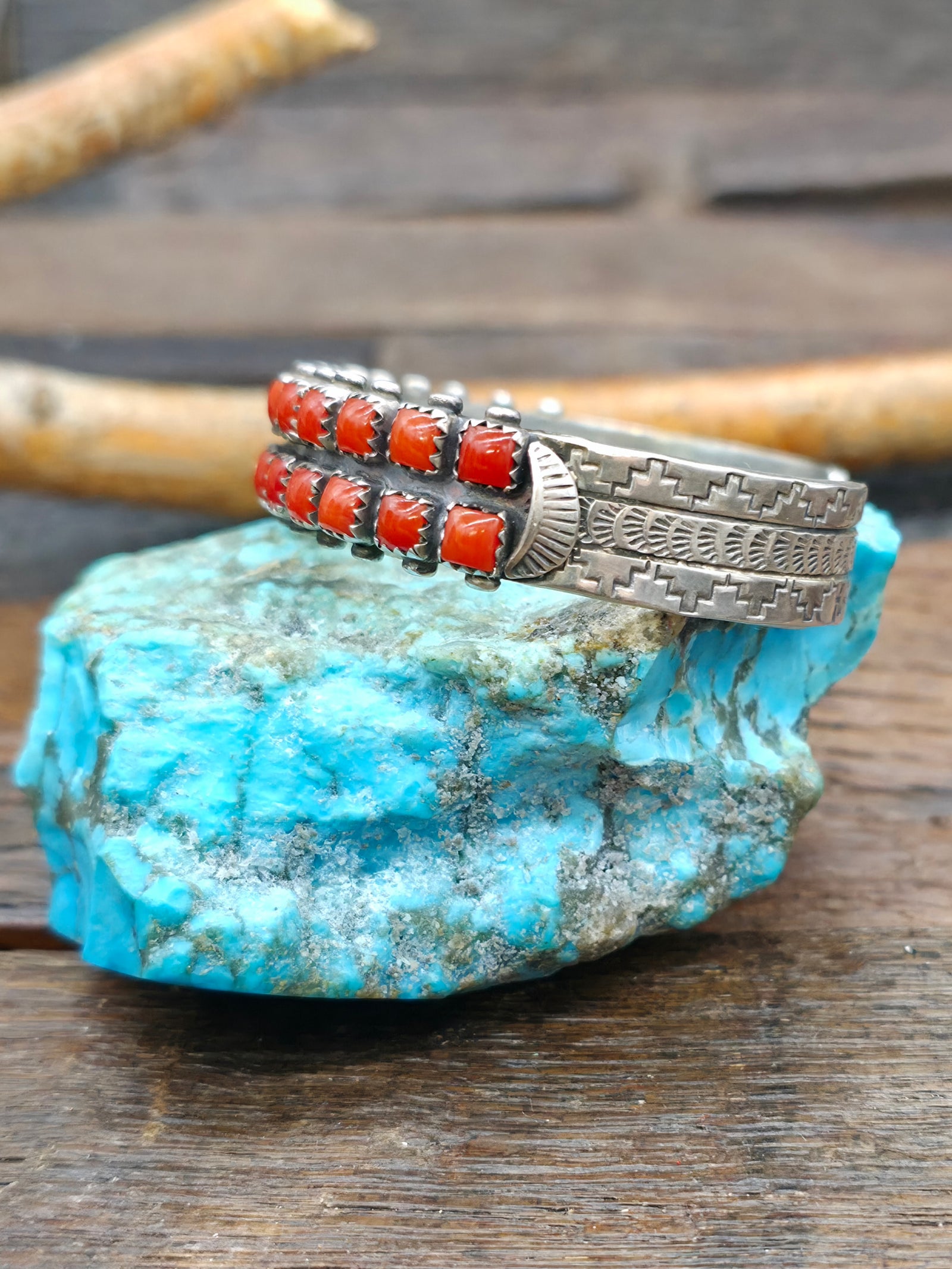 Two Row Sterling Silver Coral Cuff by Herman Smith - 7 in. with Gap