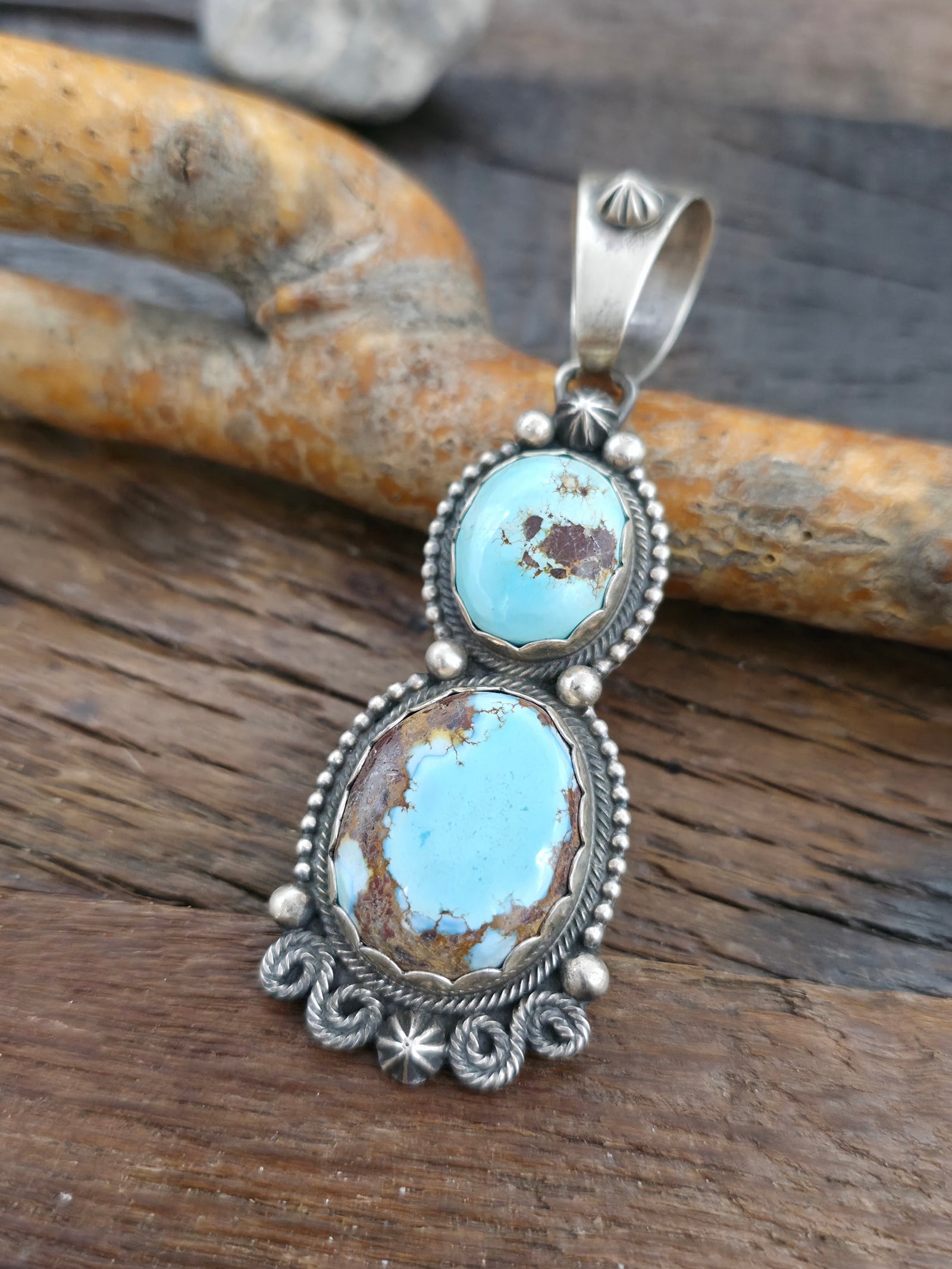 Sterling Silver Two-Stone Golden Hills Turquoise Pendant by Darrin Livingston