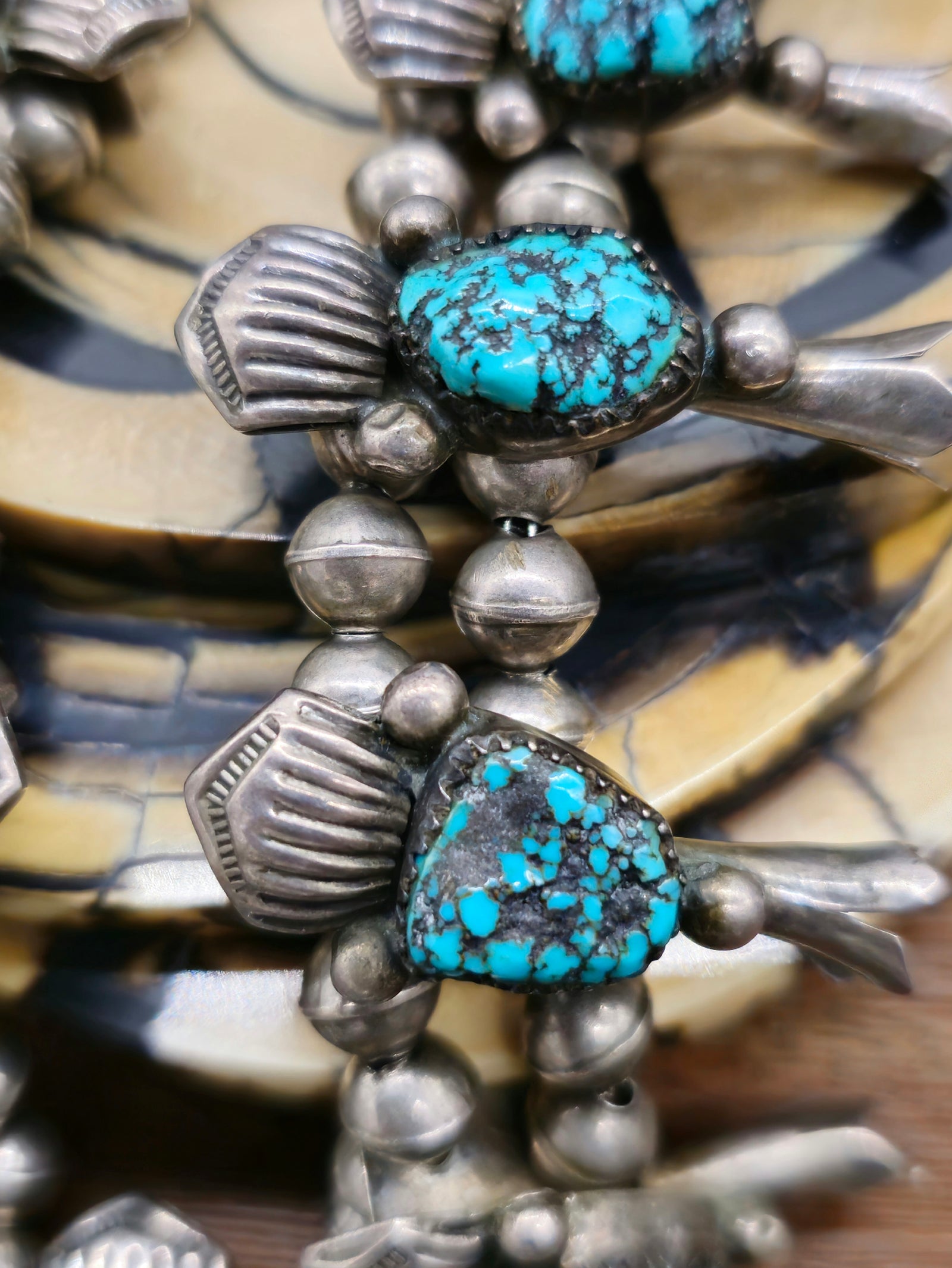 Vintage/Estate Sterling Silver Kingman Turquoise Squash Blossom Necklace - 24 in.