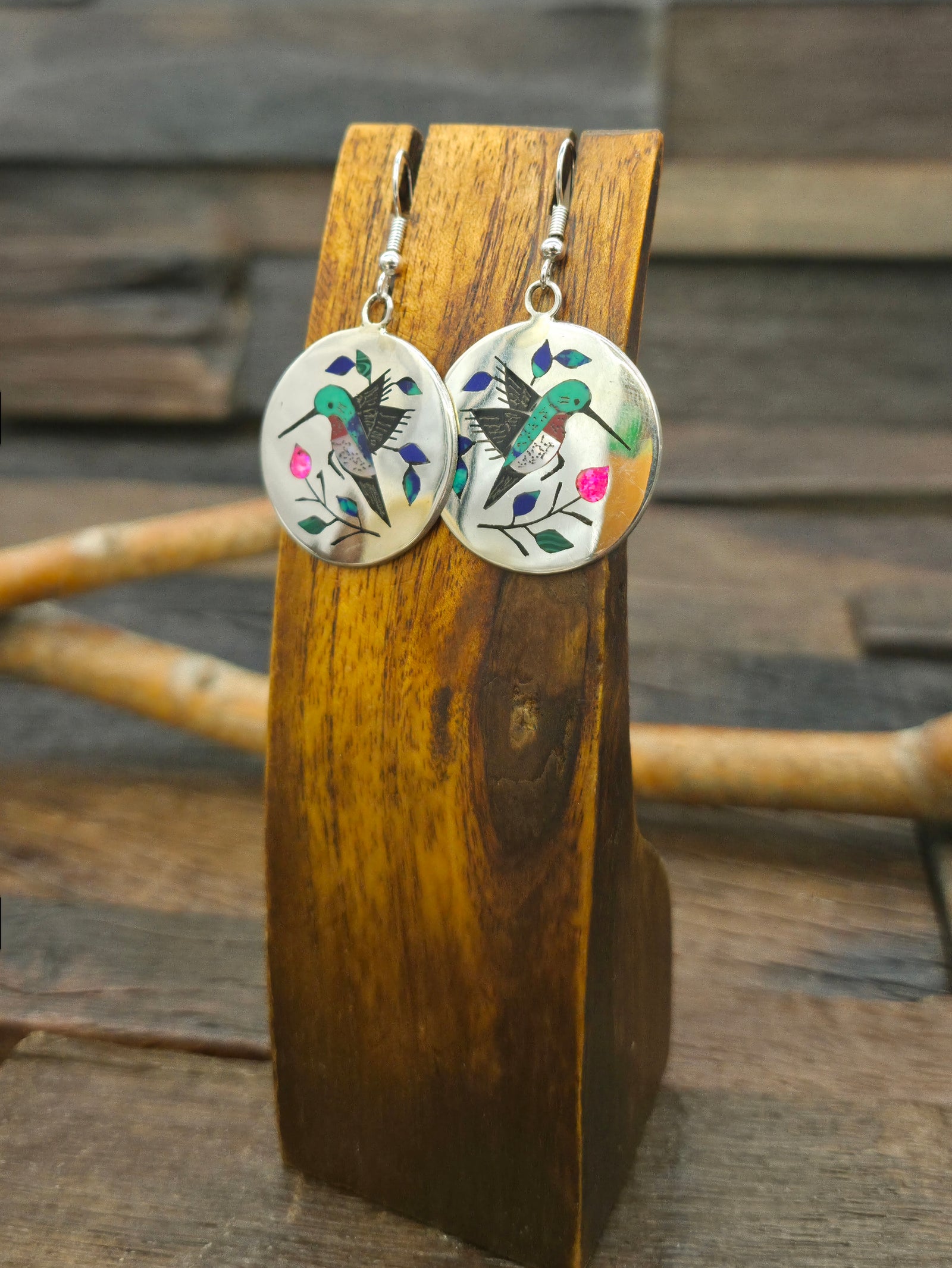 Sterling Silver Hummingbird Inlay Earrings by Raymond Boyd - 2 in. by 1 1/8 in.