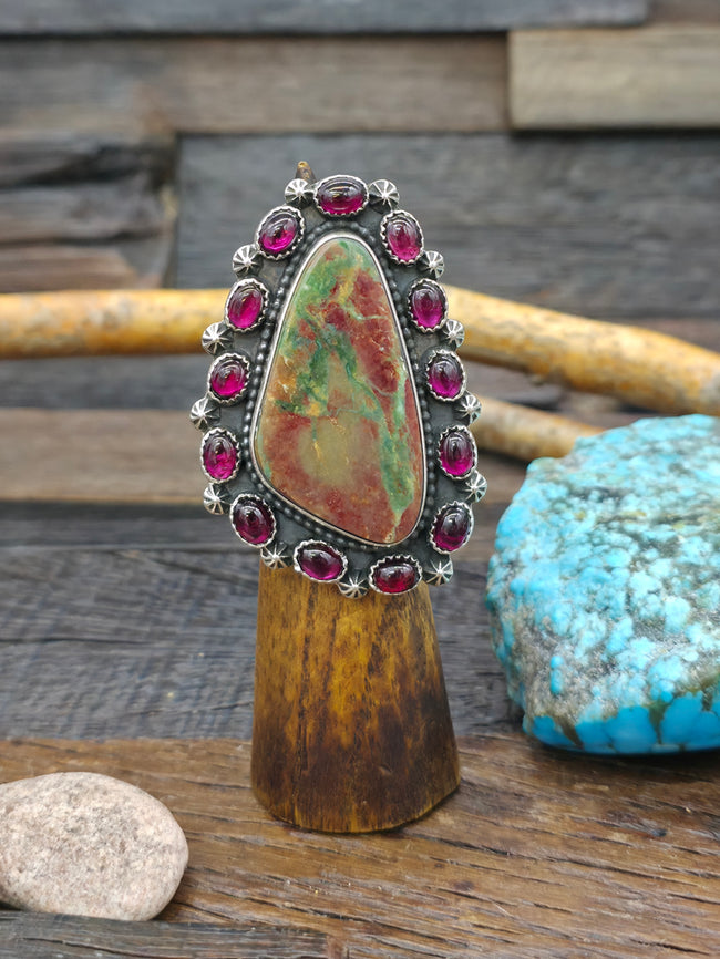 Sterling Silver Garnet and Sonoran Turquoise Ring by Rosella Paxson - Size 8 1/2