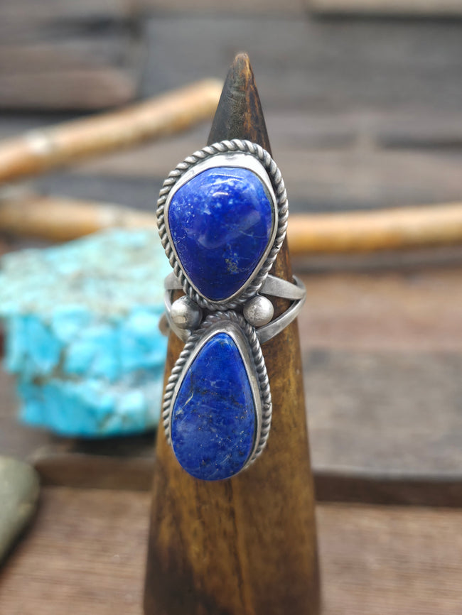 Two Stone Sterling Silver Lapis Ring by L. Ganado - Size 9