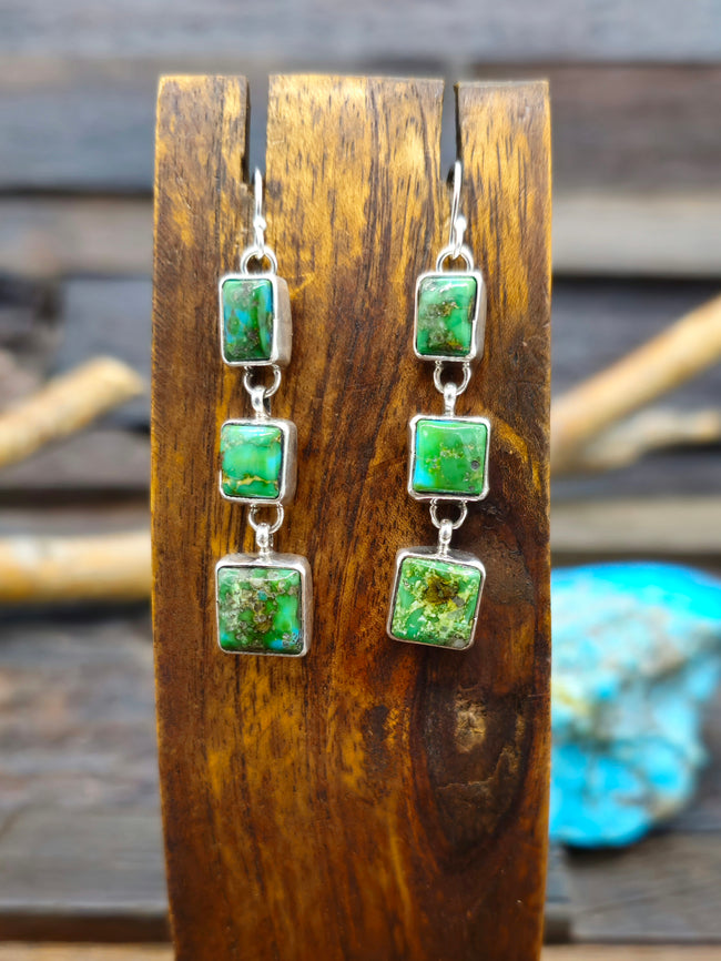 Sterling Silver Sonoran Gold Turquoise Three-Stone Earrings by Rosella Paxton