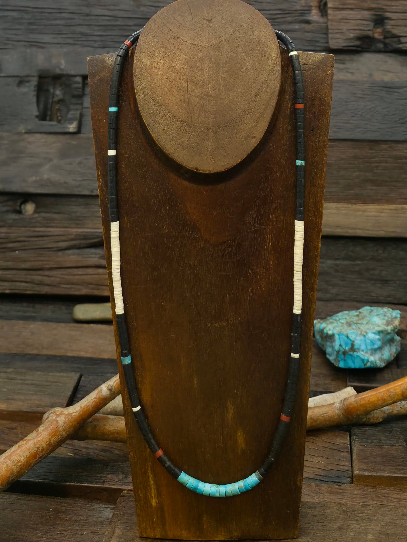 Colorblock Heishi Necklace by Torevia Crespin - Jet, Clam Shell Turquoise, and Pipestone - 24 in.