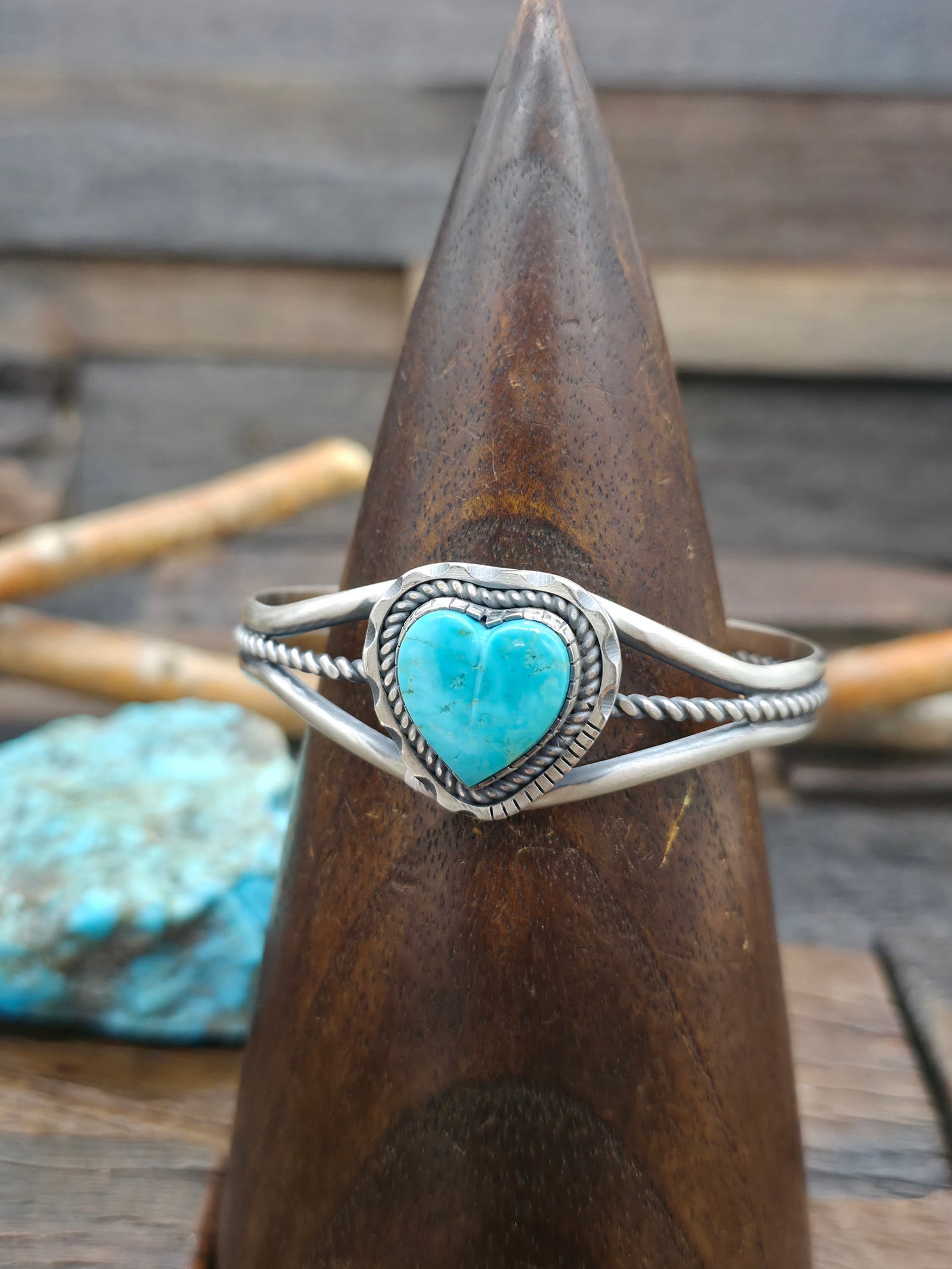 Oxidized Sterling Silver Kingman Turquoise Heart Cuff by Walter Vandever - 6 1/2 in. with Gap