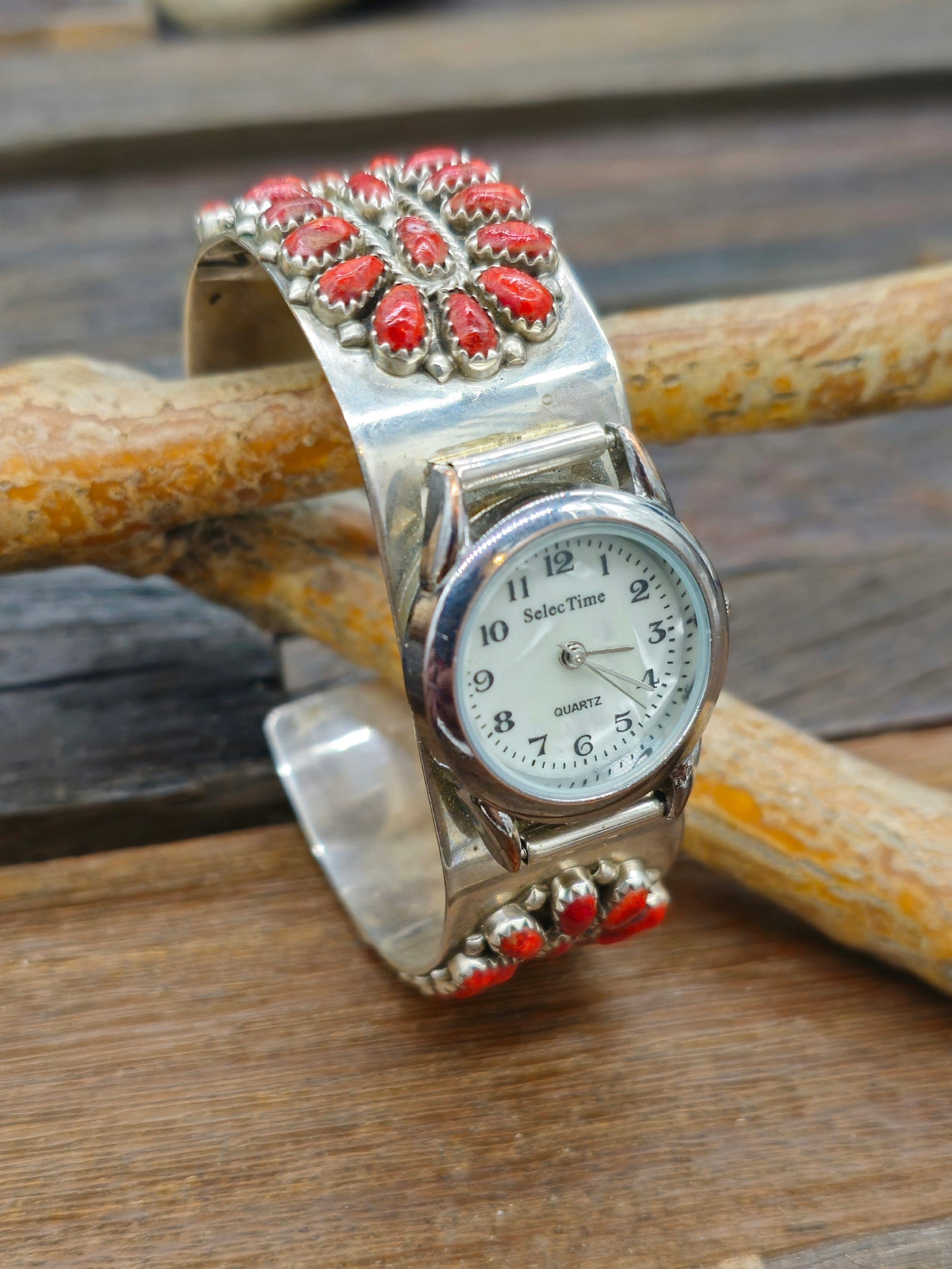 Vintage/Estate Sterling Silver and Coral Cluster Watch Cuff - 7 in.