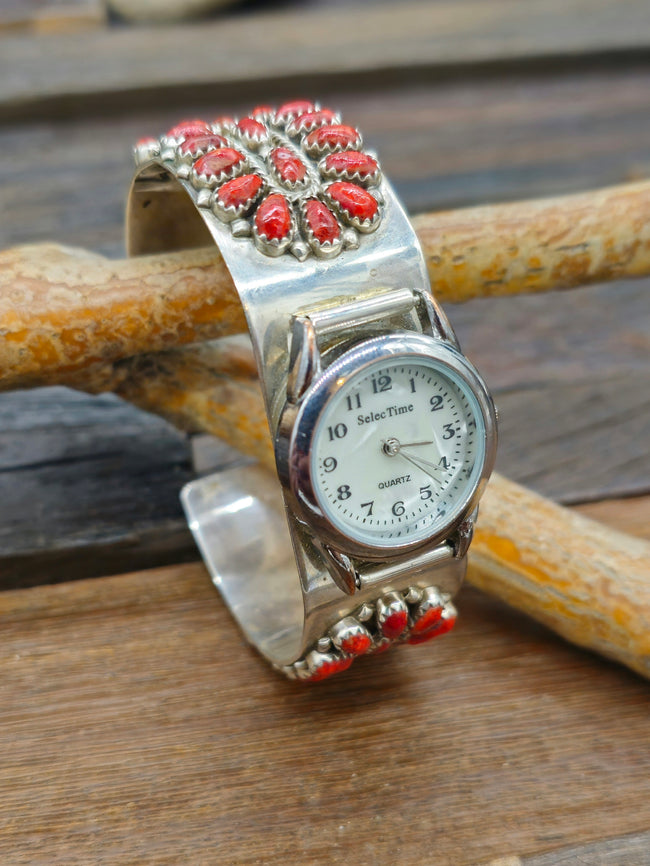 Vintage/Estate Sterling Silver and Coral Cluster Watch Cuff - 7 in.
