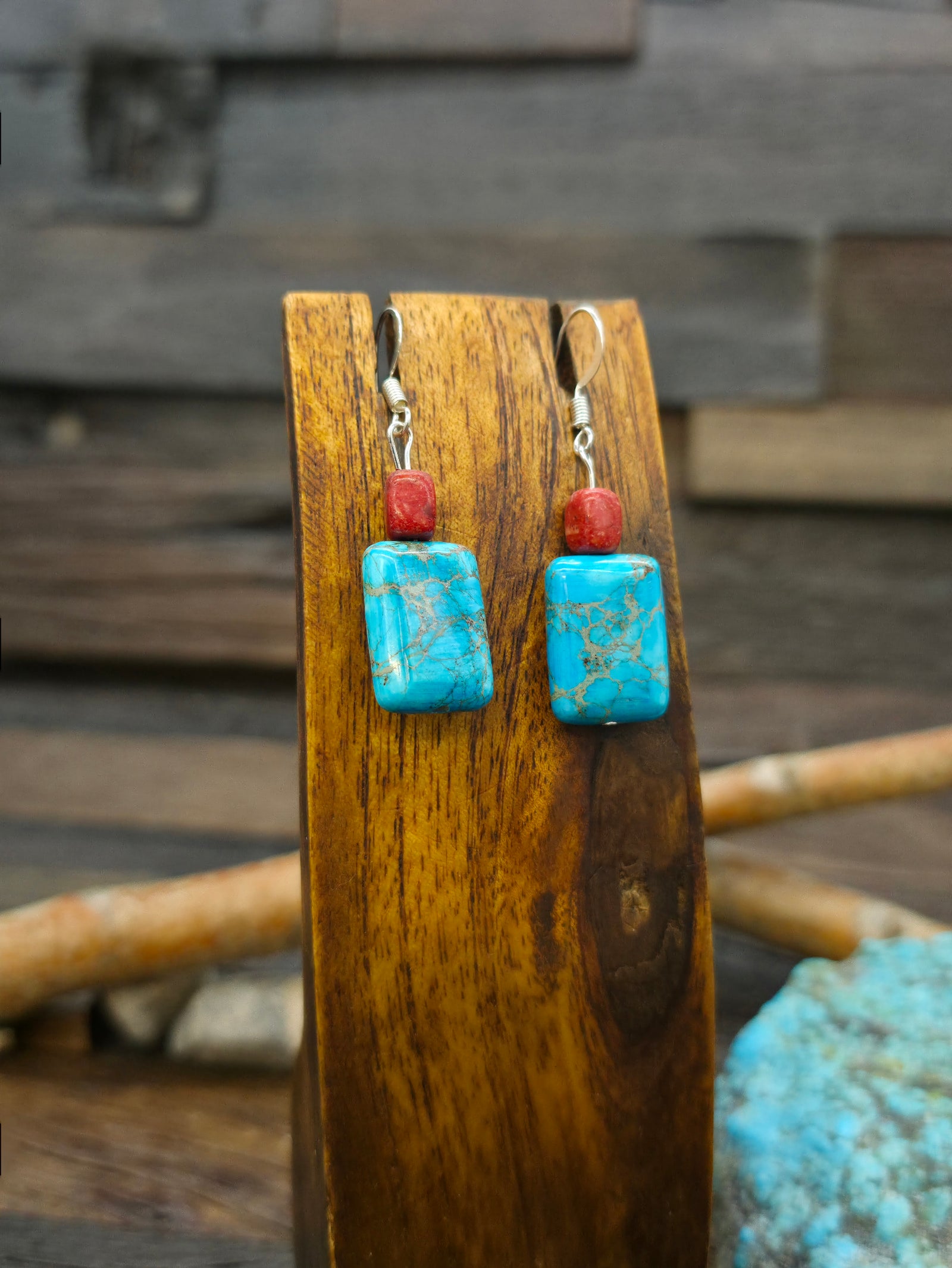 Blue Turquoise and Apple Coral Bead Earrings by Julianna Garcia - 1 3/4 in. by 1/2 in.