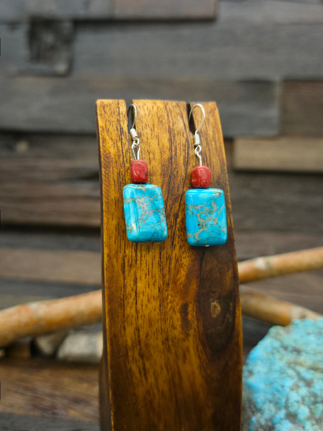 Blue Turquoise and Apple Coral Bead Earrings by Julianna Garcia - 1 3/4 in. by 1/2 in.