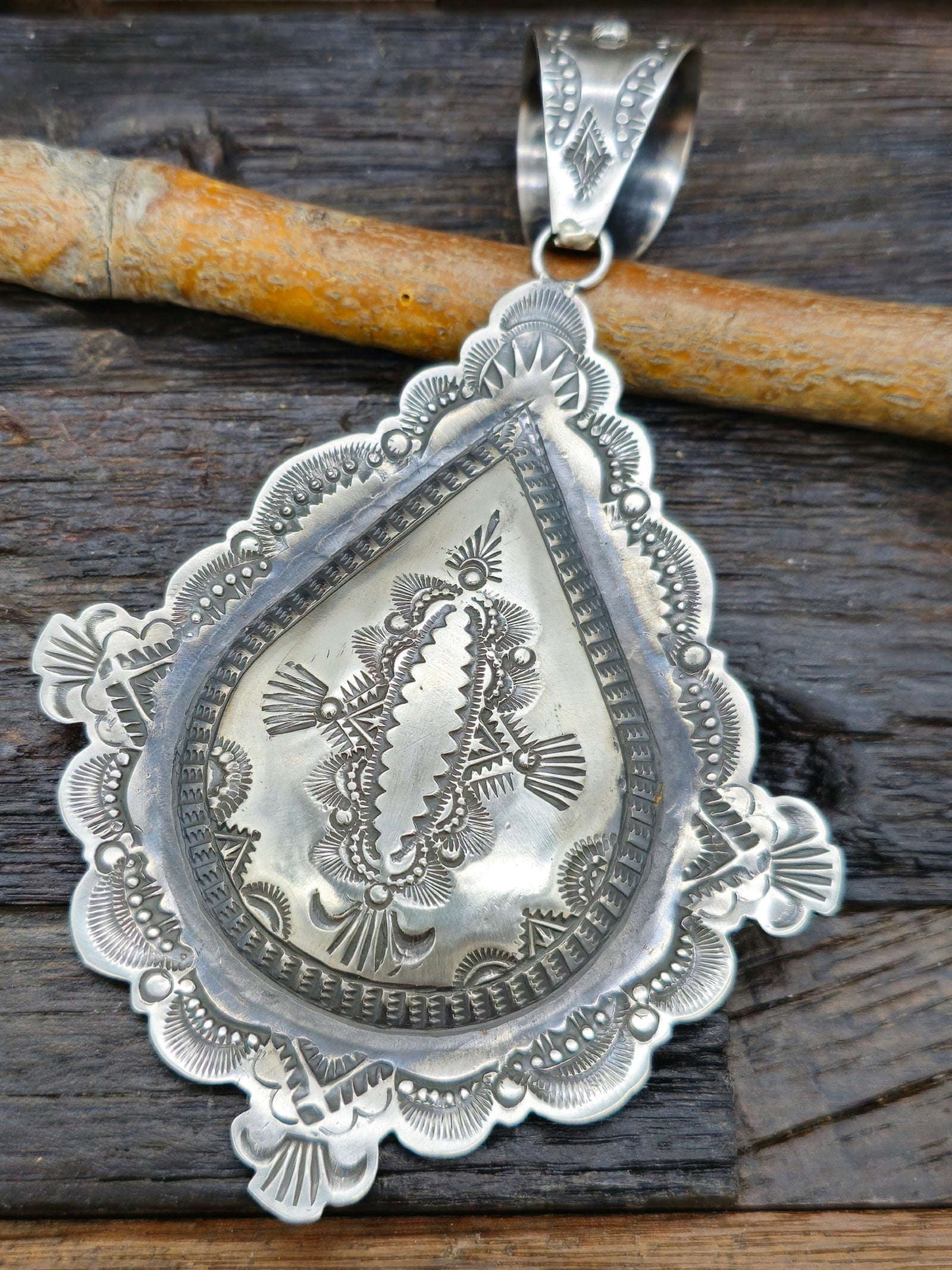 Large Sterling Silver Teardrop Shaped Pendant by Vincent Platero - 5 in
