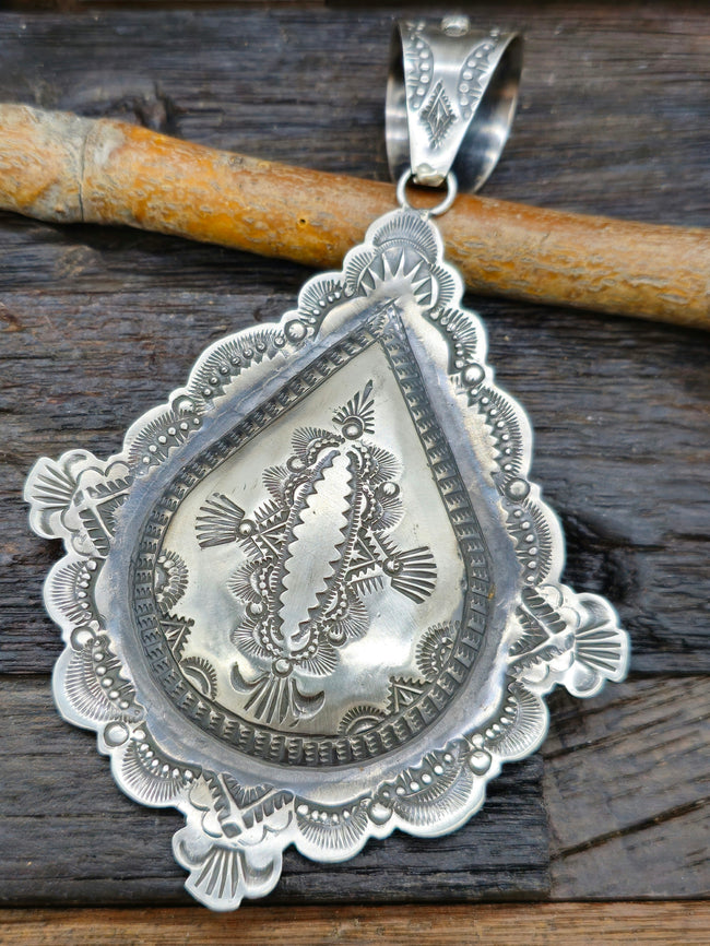 Large Sterling Silver Teardrop Shaped Pendant by Vincent Platero - 5 in